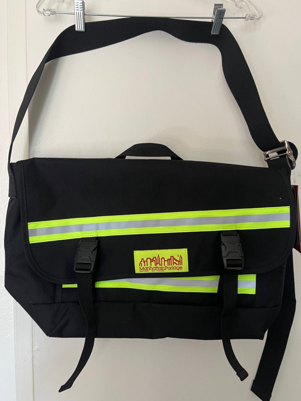 Manhattan Portage Black Messenger Bag with Neon Reflective Trim